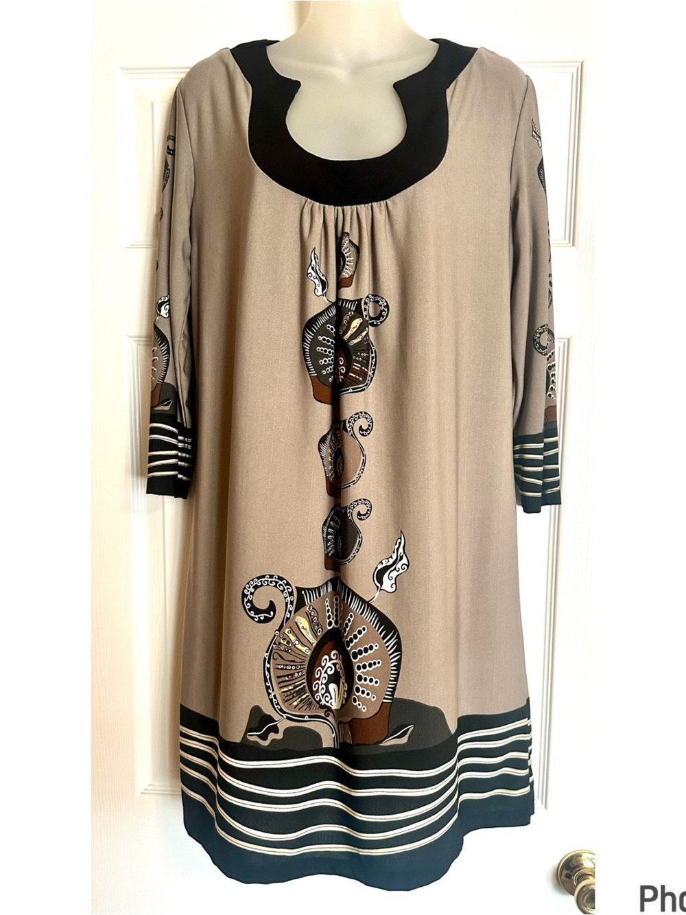 Forever Taupe Long-Sleeve Tunic with Black Trim and Brown Graphic